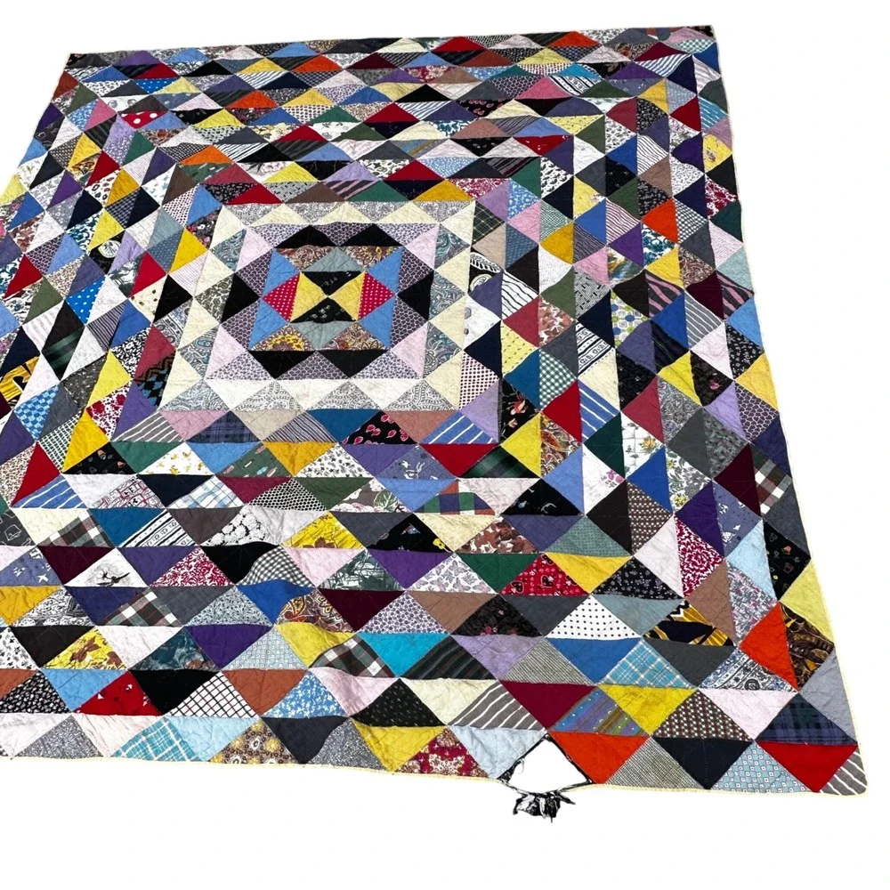 VTG Handmade Scrap Quilt Triangle Patchwork Primitive Cutter 77x82 Multi READ